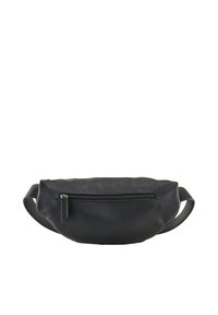 Riñonera de cuero negro con un acabado texturizado, bolsillo frontal con cremallera y correa ajustable. Diseño compacto y redondeado para un uso cómodo.