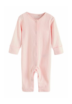 Salopetă roz deschis cu mâneci lungi, realizată din bumbac moale. Prezintă un decolteu rotund, închideri cu nasturi și un model texturat cu dungi, împodobită cu detalii decorative.