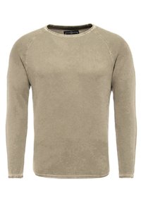 Maglione a maniche lunghe beige in maglia con tessuto testurizzato, collo rotondo e polsini a costine. Il design presenta una finitura liscia e un motivo uniforme.
