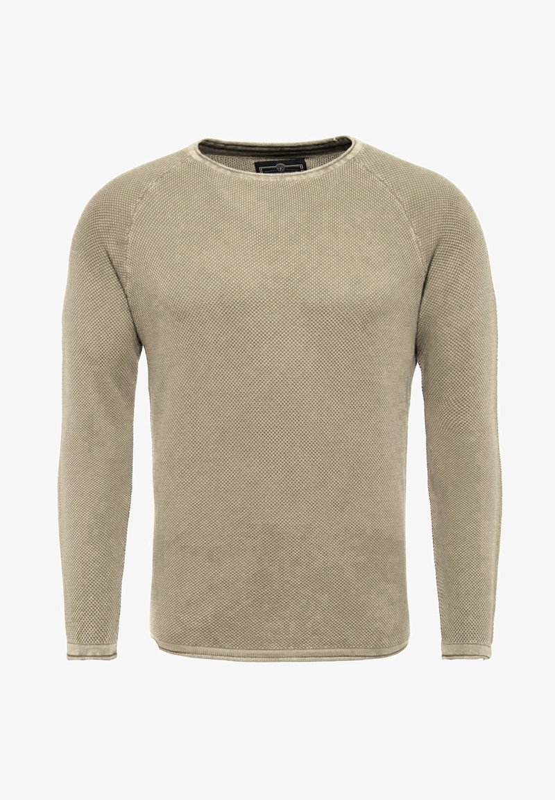 Beżowy sweter o długim rękawie z dzianiny, wykonany z teksturowanej tkaniny, z okrągłym dekoltem i ściągaczami. Projekt charakteryzuje się gładkim wykończeniem i jednolitym wzorem.