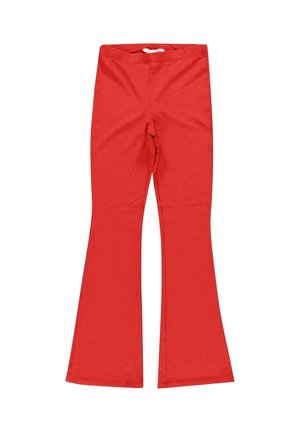 Rode geribbelde gebreide broek met uitlopende pijpen en een witte trekkoord bij de elastische tailleband, platliggend op een witte achtergrond.