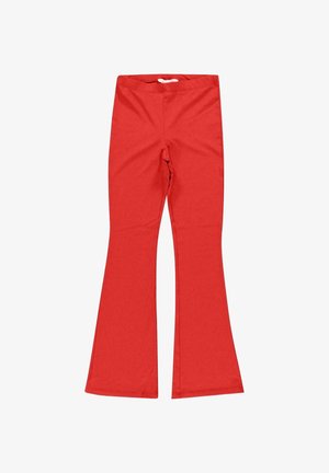 Rode geribbelde gebreide broek met uitlopende pijpen en een witte trekkoord bij de elastische tailleband, platliggend op een witte achtergrond.