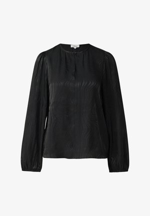 Czarna bluzka z długim rękawem z subtelnym falistym wzorem, okrągłym dekoltem, marszczonymi ramionami, małym zapięciem na guziki i elastycznymi mankietami.