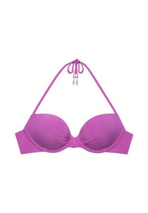 Purple padded bikini top with halter neck tie and decorative gold and white beads at the ends of the straps.