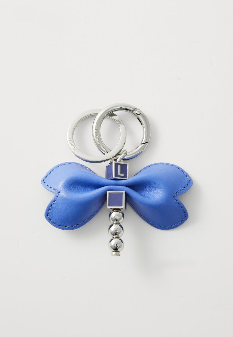 Blue leather keychain with a bow design, featuring silver hardware, a square accent, and three small spherical beads below.