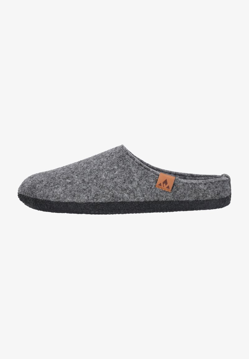 Grijze gevoerde slipper met een afgeronde vorm, zwarte rubberen zool en een klein bruin logo-label. Zachte textuur, instapontwerp.