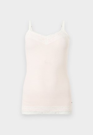 Λευκό ριμπ αμάνικο μπλουζάκι με δαντέλα στο ντεκολτέ και στο τελείωμα, με λεπτές ράντες στους ώμους.