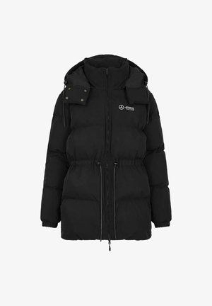 Czarna kurtka puchowa z wysokim kołnierzem i regulowanym sznurkiem w pasie. Posiada zamek błyskawiczny z przodu, kieszenie oraz logo na klatce piersiowej.