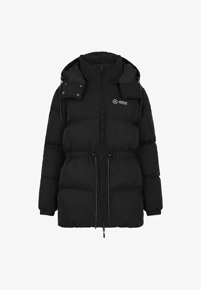 Czarna kurtka puchowa z wysokim kołnierzem i regulowanym sznurkiem w pasie. Posiada zamek błyskawiczny z przodu, kieszenie oraz logo na klatce piersiowej.