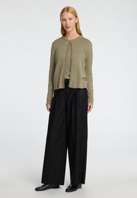 Olivno zeleno gumbasto kardigan nad usklajenim topom, v kombinaciji s širokimi črnimi hlačami in črnimi ravnimi čevlji. Preprost in eleganten dizajn.