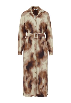 Langharig, knoop-up jurk met een beige en bruine abstracte patroon, om de taille ceintuur, met een kraag en zijzakken.