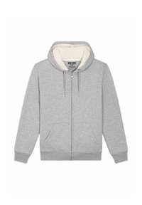 Felpa grigia con zip, dotata di un morbido rivestimento in pile color crema, tasche frontali e cappuccio con cordoncino. Texture liscia e design casual.