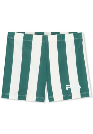 Grønne og hvide badeshorts med lodrette striber og FILA-logo på det nederste højre ben.
