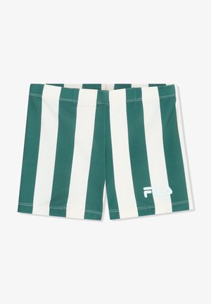 Zielono-białe kąpielówki z pionowymi paskami i logo FILA na dolnej prawej nogawce.