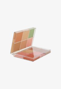 Klare rechteckige Makeup-Palette mit neun Fächern, die Farbtöne von Pfirsich, Pink und Grün enthält. Durchsichtiges Oberteil mit glatter Oberfläche.