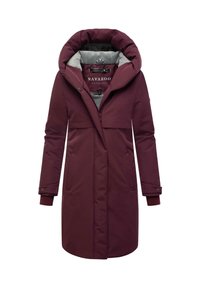 Maroon winter coat with a large hood, zip closure, side pockets, and elastic cuffs. Features a gray inner lining. Smooth texture, knee-length design.
