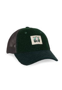 Groene pet met een textuur aan de voorkant van corduroy en een mesh achterkant, versierd met een patch met een ontwerp van bomen en bergen.