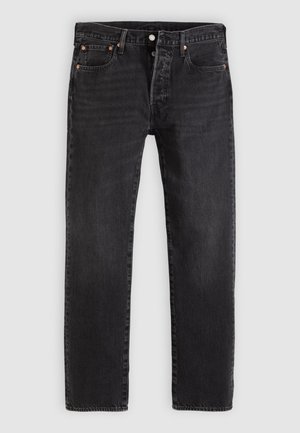 Jean en denim noir à coupe droite, avec deux poches avant, une poche à monnaie et des rivets en métal. Design classique à cinq poches.