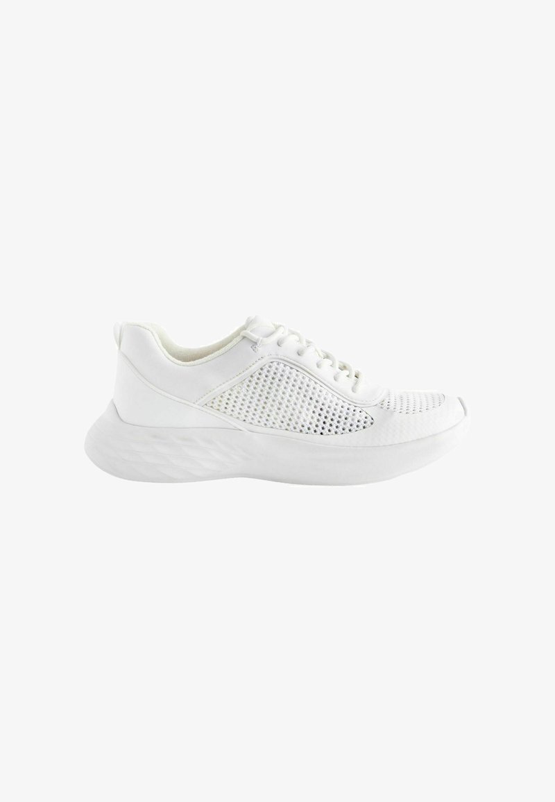 White athletic shoe with a textured mesh upper, smooth synthetic panels, and a wavy sole design. Features round laces and cushioned interior.