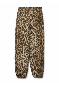 Leopardmønstret bukser lavet af blødt stof, med elastisk talje og indsnævrede ankler. Farverne inkluderer beige, brun og mørke pletter.