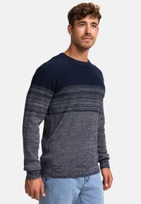 Junger Mann mit hellbraunen, lockigen Haaren, der einen blau-grau gestreiften Strickpullover und hellblaue Jeans trägt, vor einem schlichten Hintergrund stehend.
