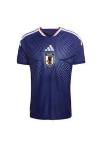 Blå sporttröja med korta ärmar och v-ringning. Har en Japan fotbollslogotyp i mitten och vita horisontella ränder på axlarna.