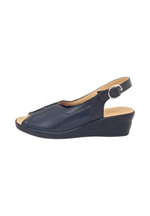 Sandalo nero da donna con punta aperta, tomaia texturizzata, cinturino regolabile con fibbia argento, soletta beige e tacco a zeppa basso.