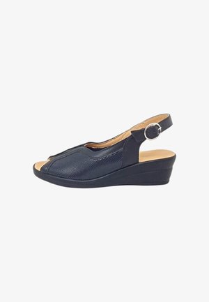 Sandalo nero da donna con punta aperta, tomaia texturizzata, cinturino regolabile con fibbia argento, soletta beige e tacco a zeppa basso.