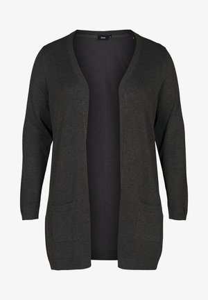 Dark gray cardigan made of soft knit fabric, featuring a V-neck, open front, long sleeves, and two front pockets.