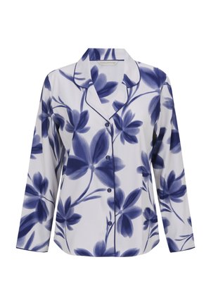 Camisa blanca de manga larga abotonada con estampado floral azul y ribete azul marino a lo largo del cuello, los puños y la tapeta de botones.