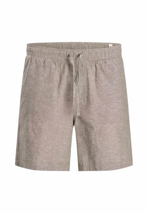 Linen šorts s elastičnim pojasom, detaljem vezice i svijetlosivom teksturiranom tkaninom. Imaju opušteni kroj i bočne šavne.