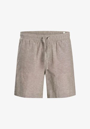 Leinen-Shorts mit elastischem Bund, Kordelzug-Detail und einem leicht grauen strukturierten Stoff. Verfügt über eine lockere Passform und Seitennähte.