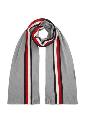 Hellgrauer Strickschal mit vertikalen roten, weißen und marineblauen Streifen und kurzen Fransen an beiden Enden, flach ausgelegt mit einer Schlaufe oben.