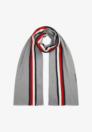 Light gray knit scarf with vertical red, white, and navy stripes and short fringes at both ends, laid flat with a loop at the top.