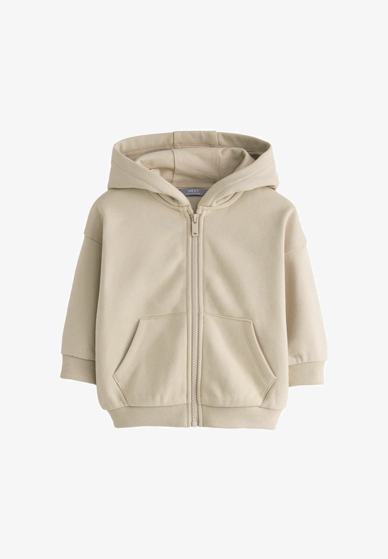 Beige zip-up hoodie van zacht stof, met een voorzak, geribbelde manchetten en een gevoerde capuchon. Eenvoudig, ontspannen ontwerp.