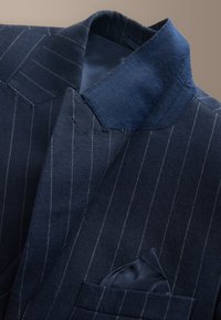 Navy blue pinstripe suit jacket with a high velvet collar and a matching navy pocket square.