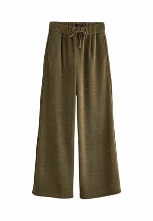 Olive green wide-leg corduroy pants with elastic waistband and drawstring tie, featuring side pockets and a relaxed fit.