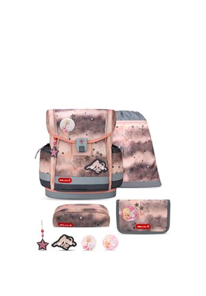 Pink and gray star-patterned backpack set with matching drawstring bag, pencil case, wallet, and decorative pins with fairy and ballet themes.