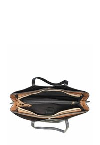 Czarna skórzana torba na ramię, z beżowym wnętrzem, zapinanymi przegródkami i solidnymi uchwytami. Gładka faktura z delikatnymi akcentami.