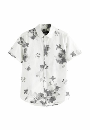Chemise blanche à manches courtes avec boutons, imprimé floral noir et gris et col classique.