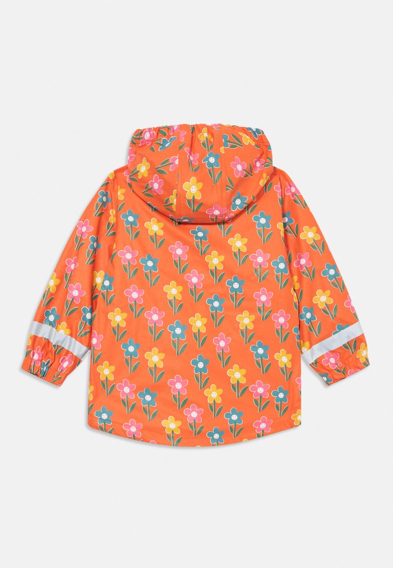 Orange wasserdichte Jacke mit floralem Muster in Pink, Gelb und Blau. Mit Kapuze und elastischen Bündchen. Reflektierende Akzente.