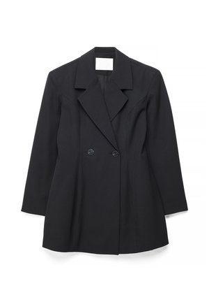 Blazer negro a medida de doble botonadura con solapas con muesca, mangas largas y dos botones delanteros, mostrado sobre un fondo blanco.