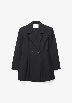 Blazer negro a medida de doble botonadura con solapas con muesca, mangas largas y dos botones delanteros, mostrado sobre un fondo blanco.