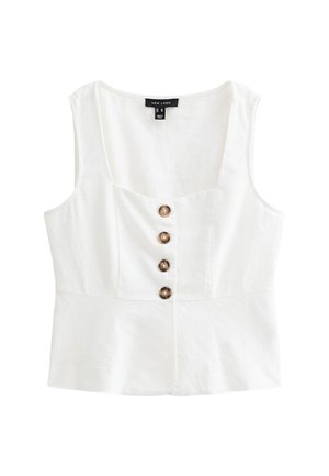 White linen cropped top with a square neckline, featuring five brown buttons down the front and wide shoulder straps.