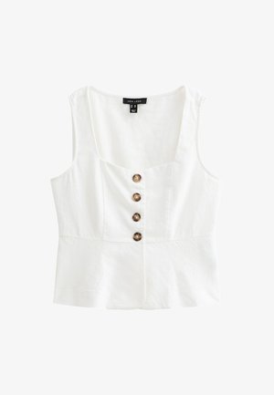 Witte linnen cropped top met een vierkante halslijn, voorzien van vijf bruine knopen aan de voorkant en brede schouderbanden.