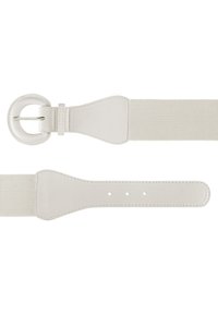 Witte riem met een gladde leren gesp en een canvas band. Bevat een ronde ring en verschillende verstelgaten voor het aanpassen van de maat.