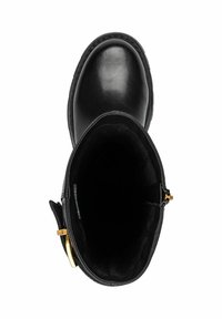 Black leather ankle boot featuring a rounded toe, smooth texture, gold-tone hardware accent, and a soft interior lining.