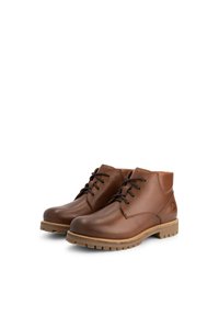 Bruine leren enkellaarzen met een gladde textuur, ronde neus en vetersluiting aan de voorkant. Beschikt over een duurzame rubberen zool met een robuust loopvlakpatroon.