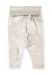 Hellgraue Baumwollleggings mit einem weichen Bund, die mit weißen, kronenförmigen Mustern versehen sind. Elastischer Bund, einfache Beinöffnungen.