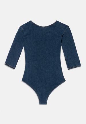 Denim bodysuit in donkerblauw met lange mouwen en een ronde halslijn. Heeft afgewerkte randen en een aansluitende vorm met een stringcut.